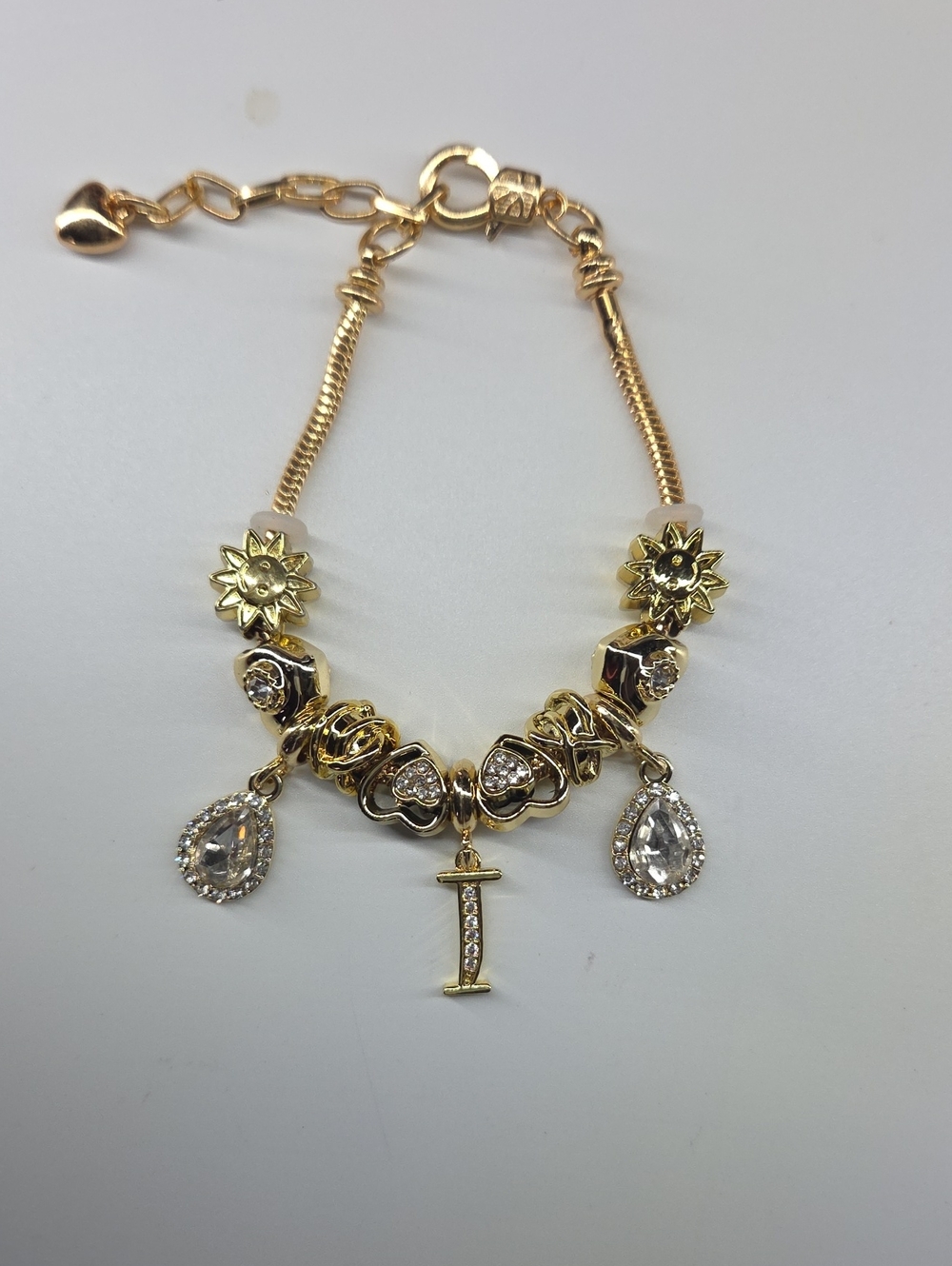 I letter Gold Floral Heart Charm Bracelet with Crystal Drops - W/extender Chain